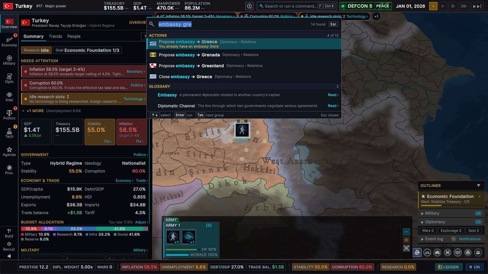 The search palette with the query 'embassy gre': actions to propose an embassy to Greece, Grenada or Greenland or close the embassy in Greece, and two glossary entries, Embassy and Diplomatic Channel