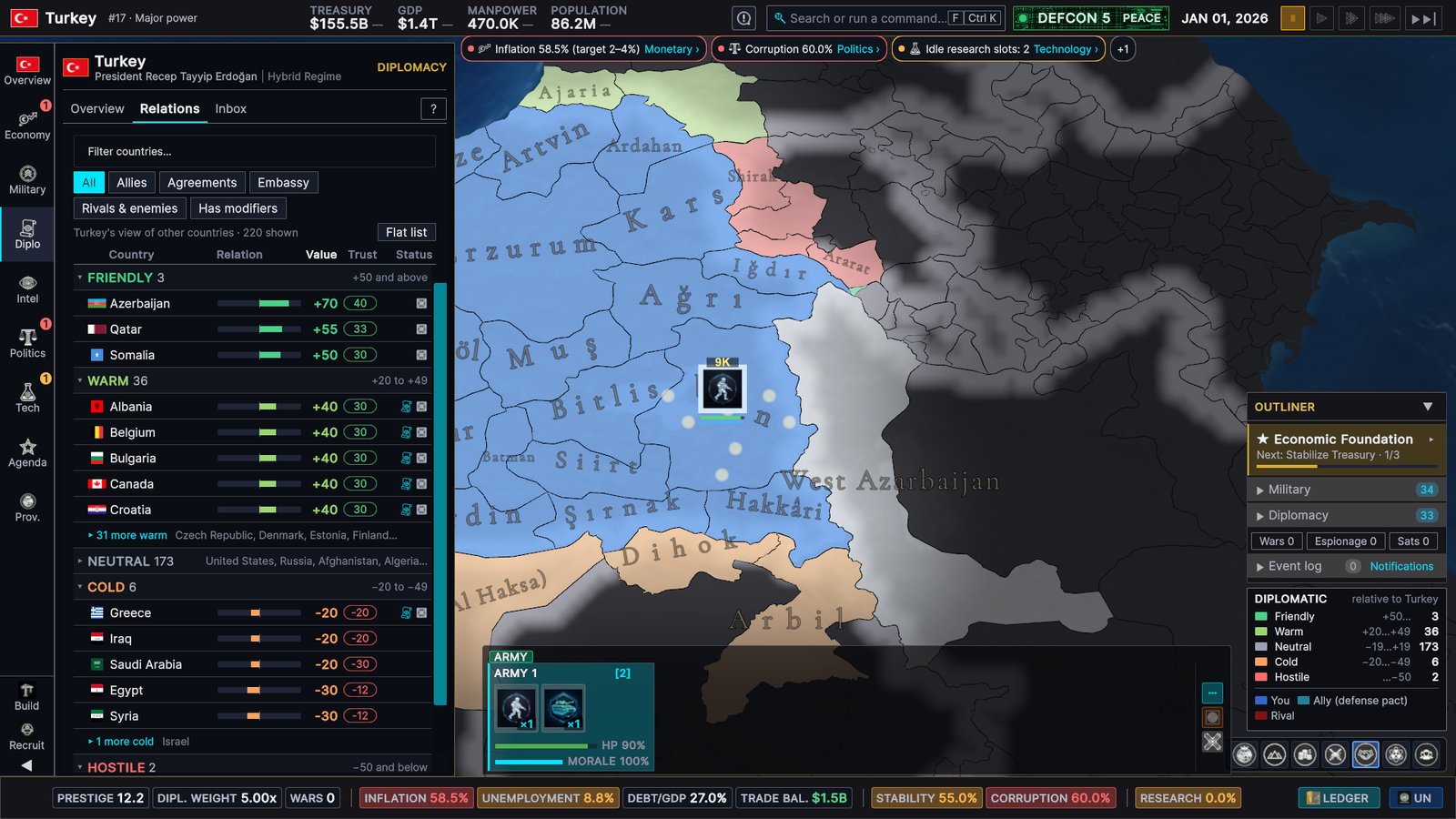 Diplomacy Relations next to the diplomatic map mode: countries grouped into Friendly (3), Warm (36), Neutral (173), Cold (6) and Hostile (2) with relation value and trust, and a map legend using the same colours and counts